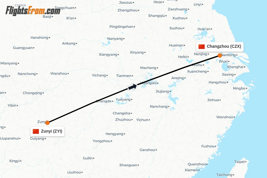 Flights from Zunyi to Changzhou route map