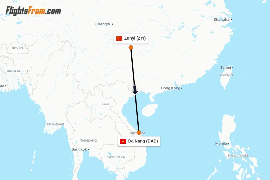 Flights from Zunyi to Da Nang route map