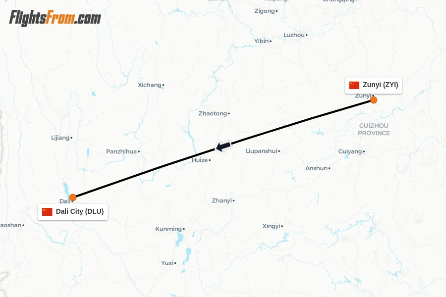 Flights from Zunyi to Dali City route map