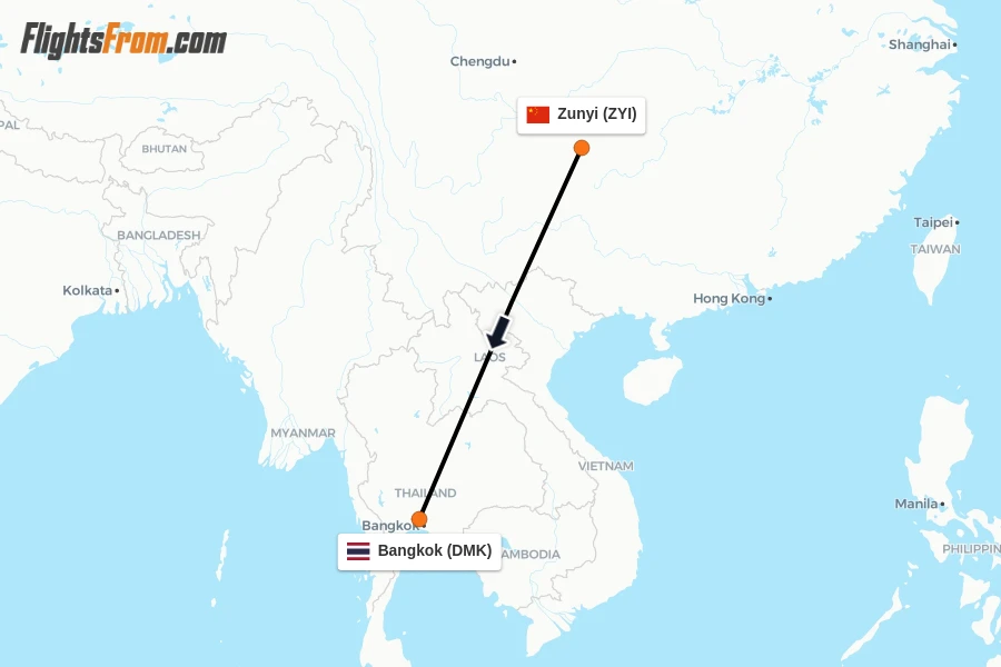 Flights from Zunyi to Bangkok route map