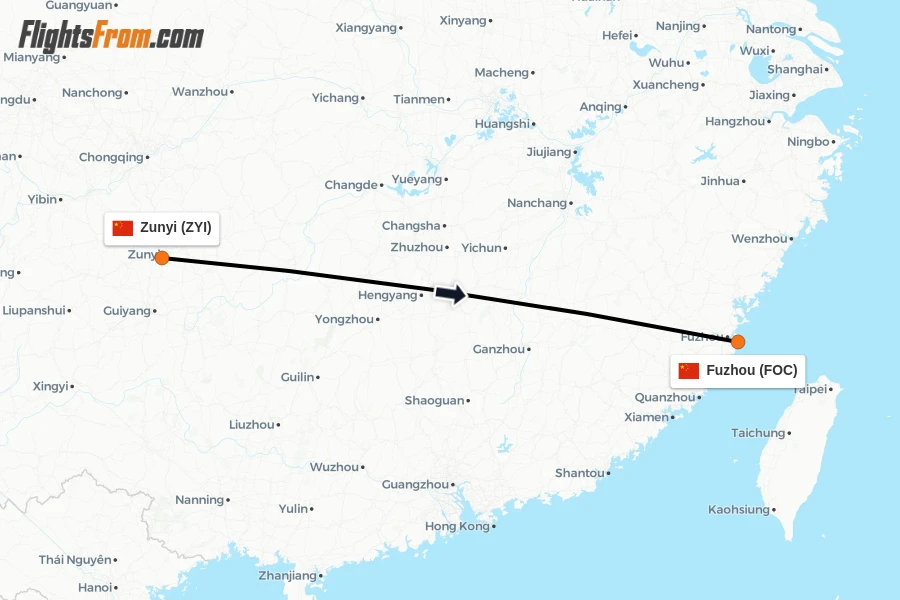 Flights from Zunyi to Fuzhou route map