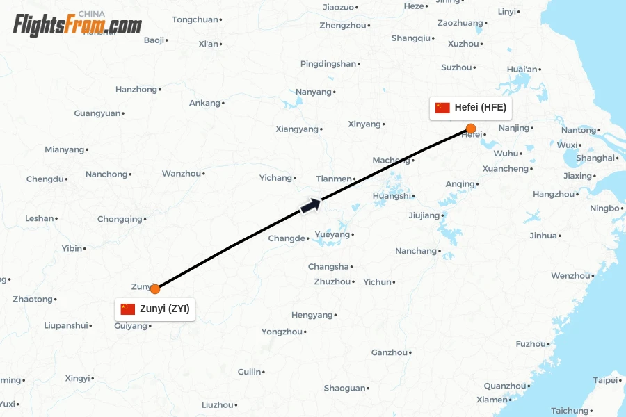 Flights from Zunyi to Hefei route map