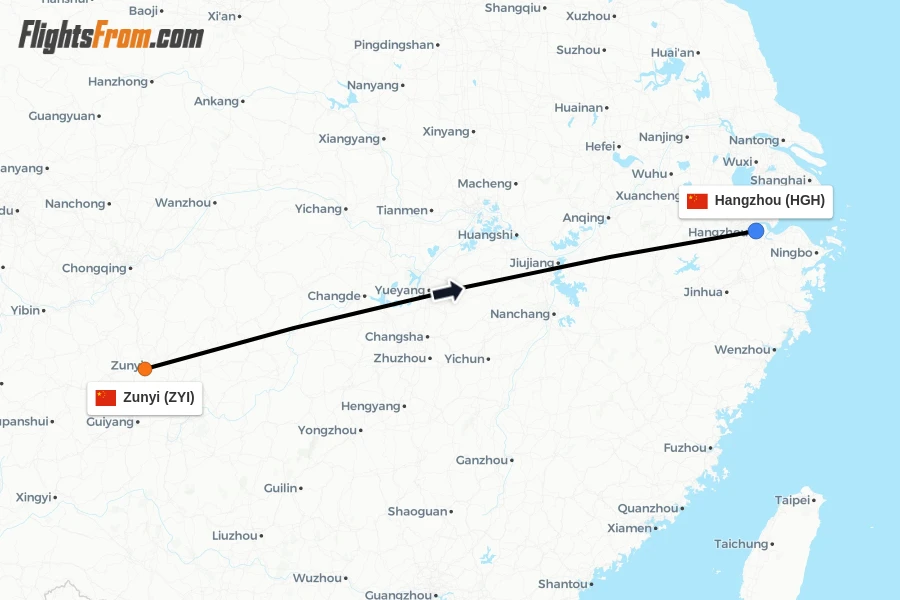 Flights from Zunyi to Hangzhou route map