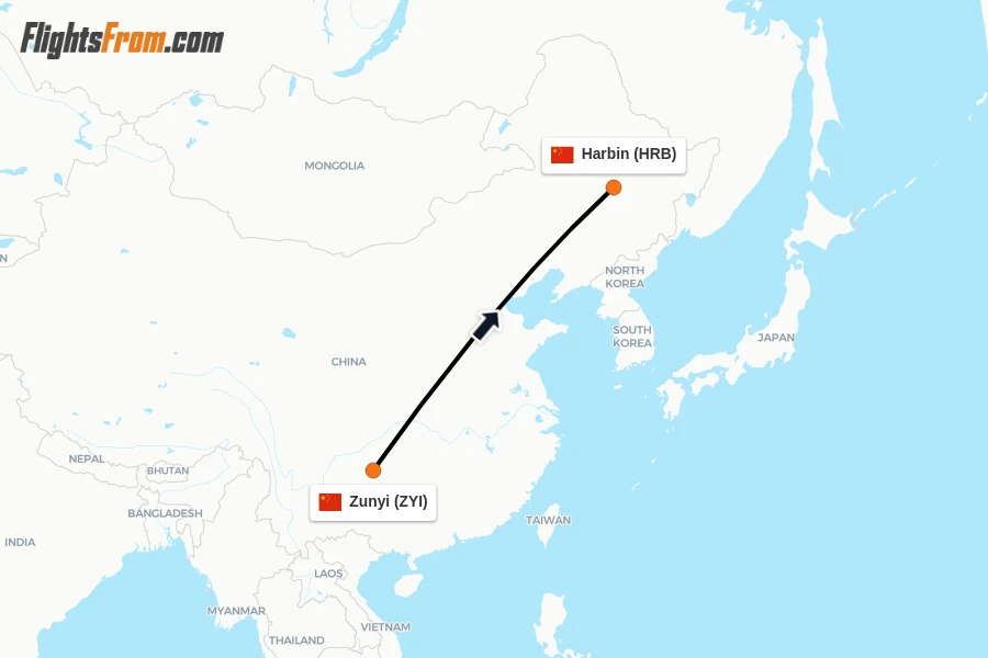 Flights from Zunyi to Harbin route map
