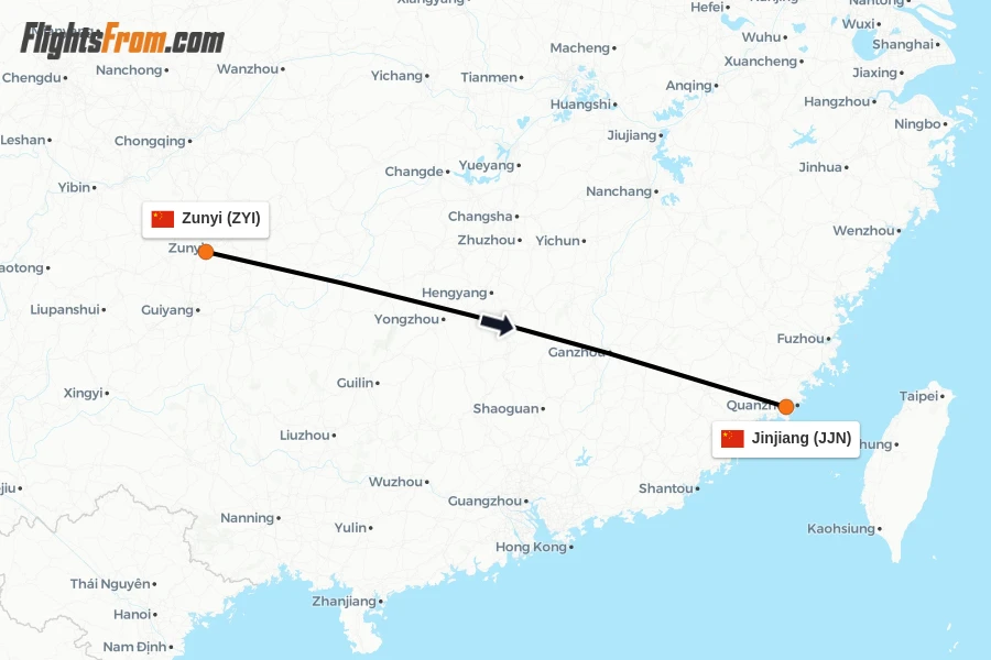 Flights from Zunyi to Jinjiang route map
