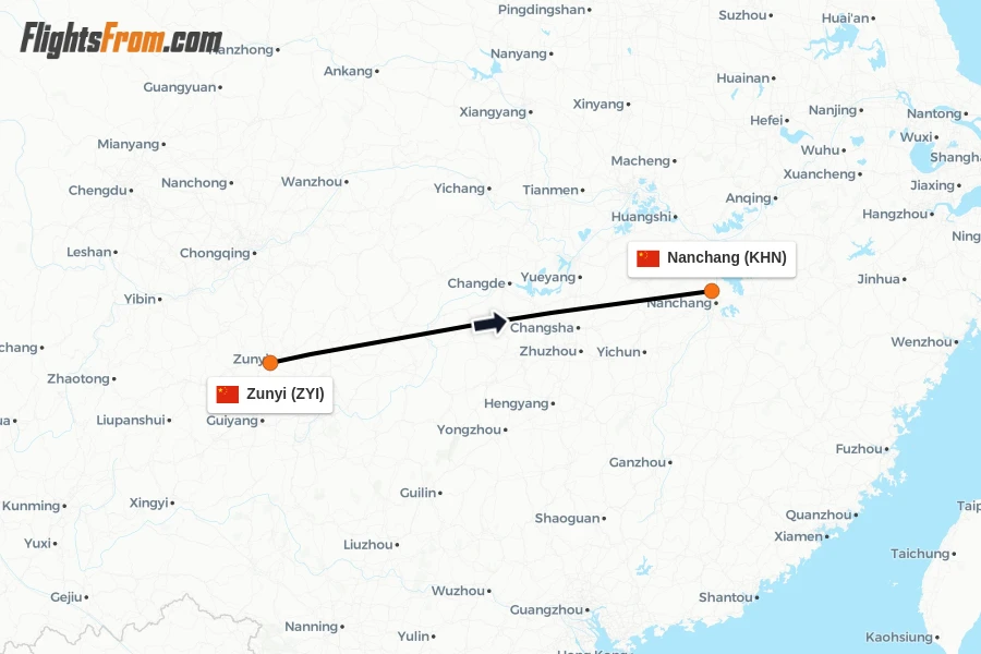 Flights from Zunyi to Nanchang route map