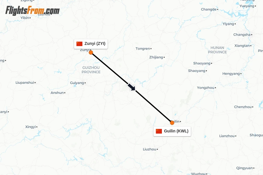 Flights from Zunyi to Guilin route map