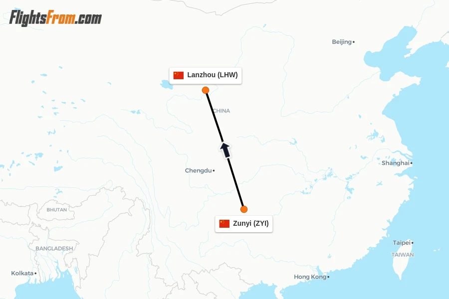 Flights from Zunyi to Lanzhou route map