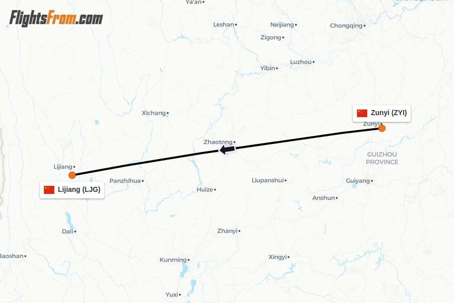 Flights from Zunyi to Lijiang route map