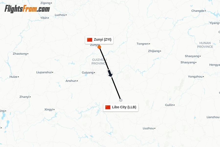 Flights from Zunyi to Libo City route map