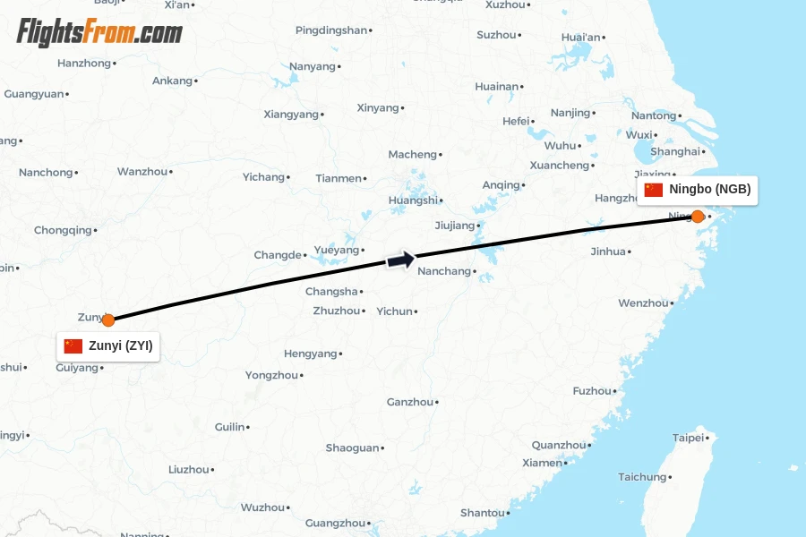 Flights from Zunyi to Ningbo route map