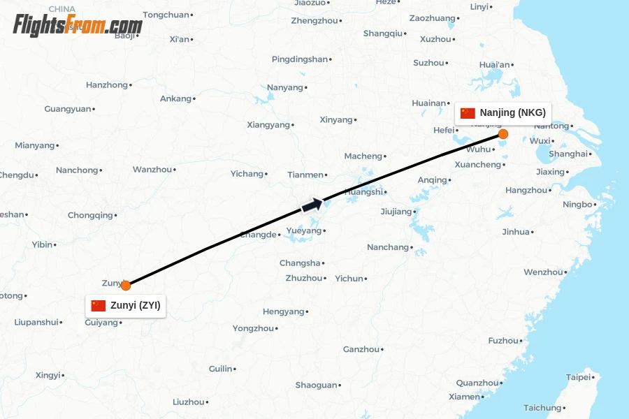 Flights from Zunyi to Nanjing route map