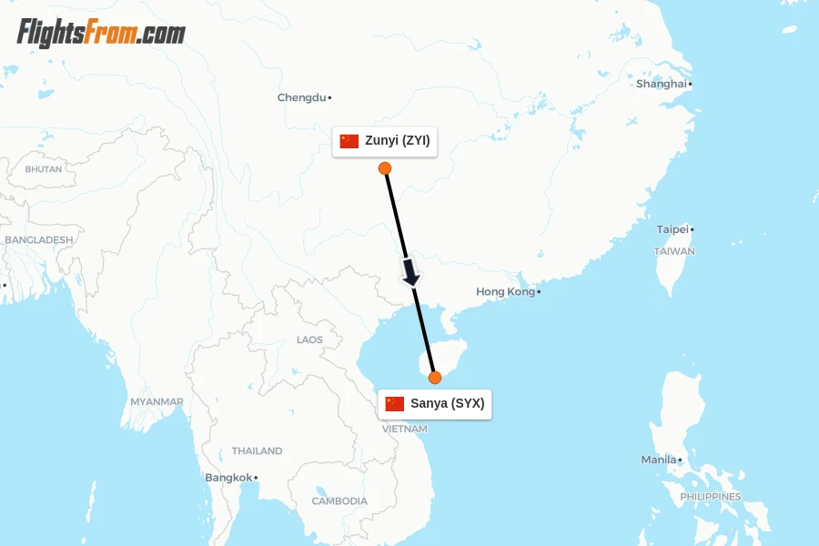 Flights from Zunyi to Sanya route map