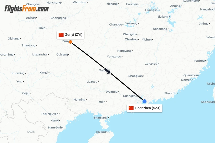 Flights from Zunyi to Shenzhen route map