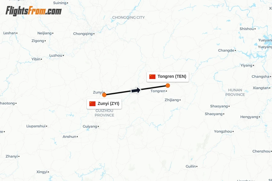 Flights from Zunyi to Tongren route map