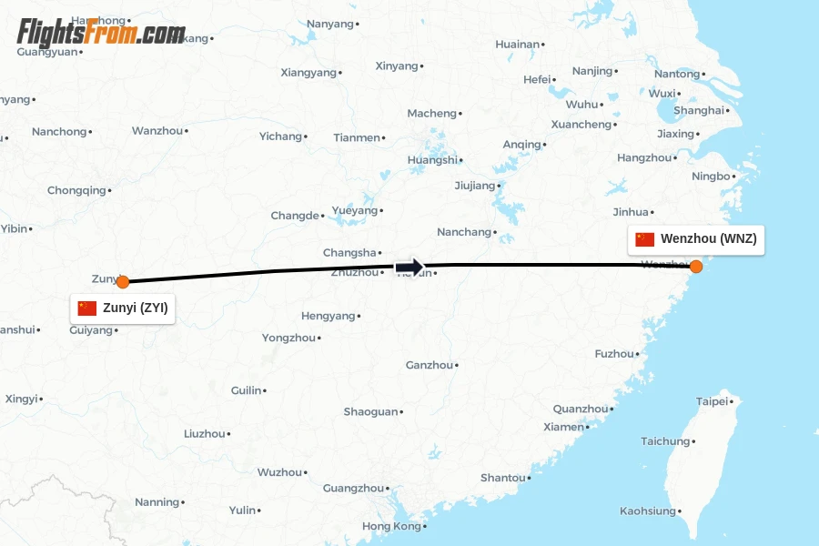Flights from Zunyi to Wenzhou route map