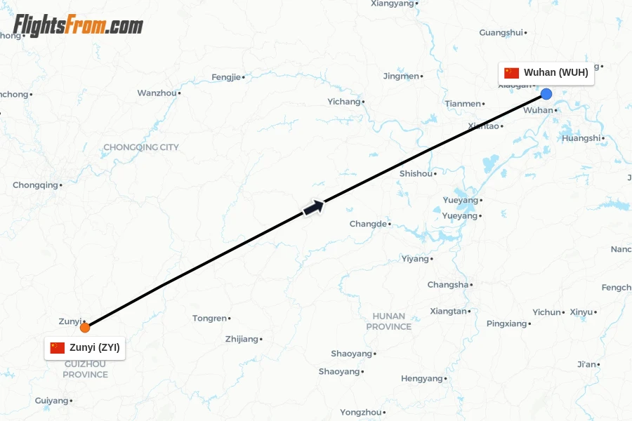 Flights from Zunyi to Wuhan route map