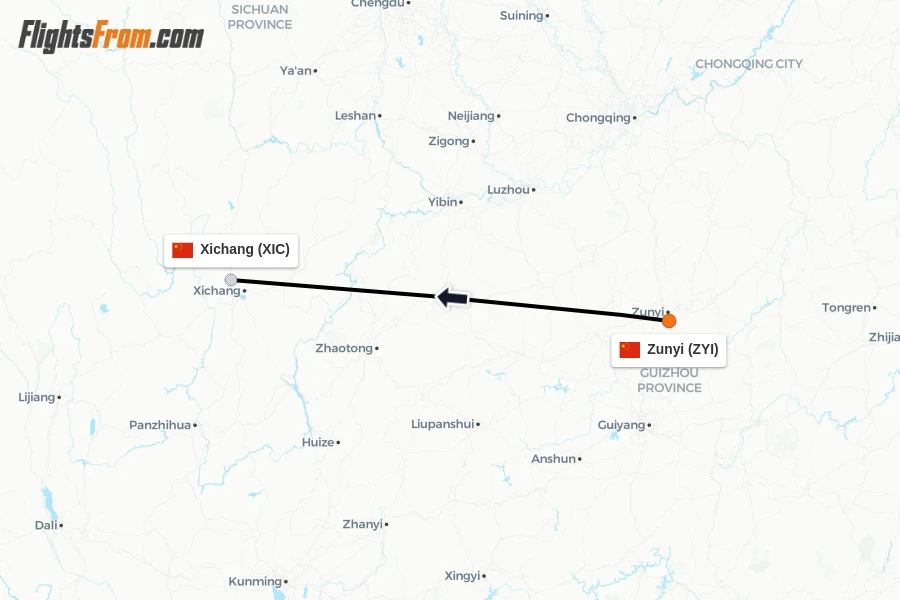 Flights from Zunyi to Xichang route map