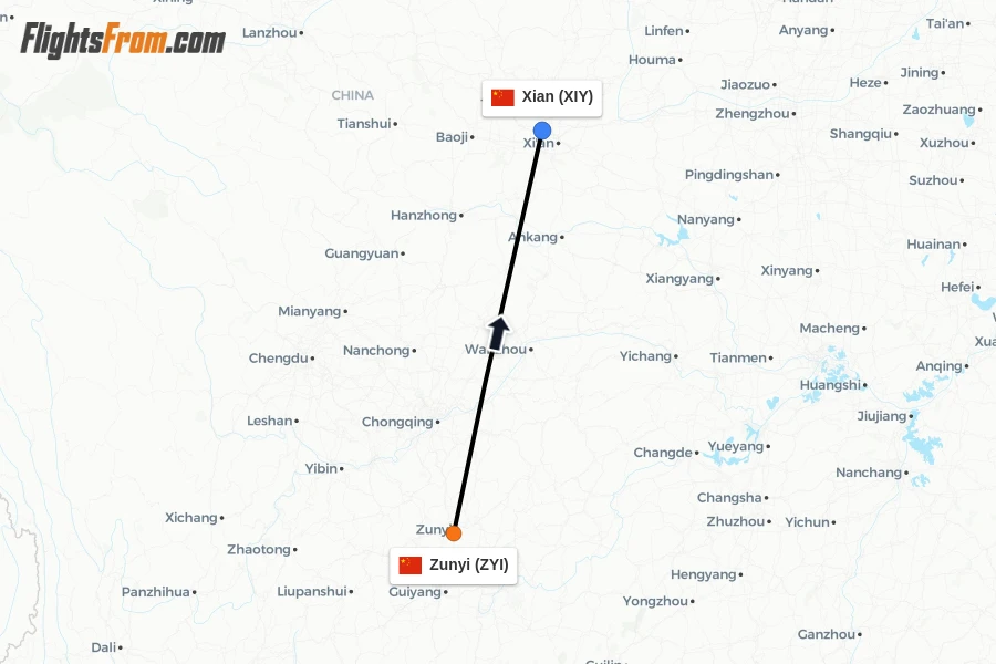 Flights from Zunyi to Xian route map