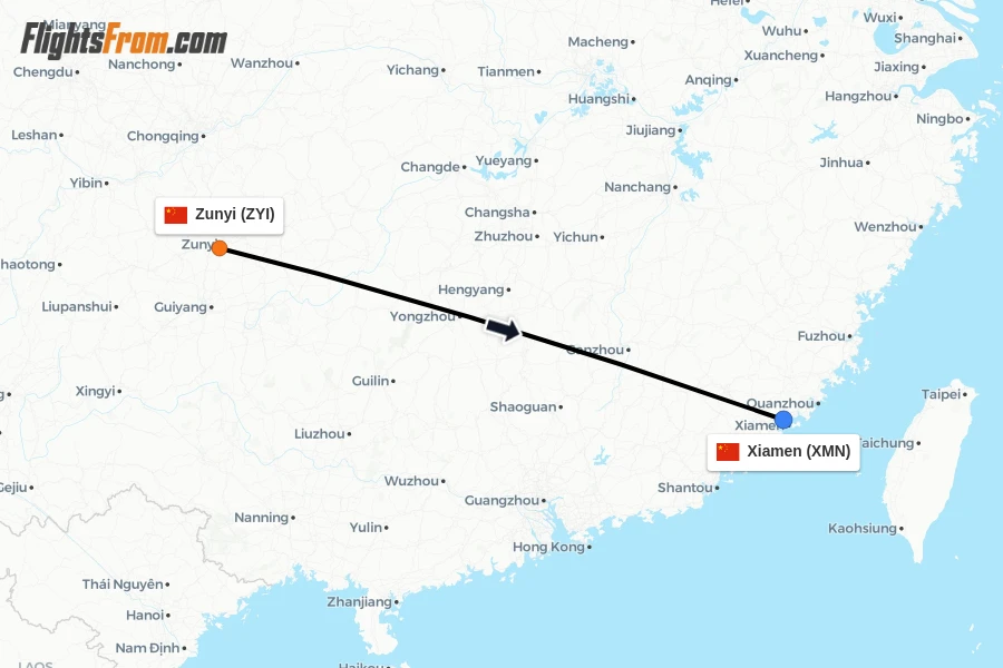Flights from Zunyi to Xiamen route map