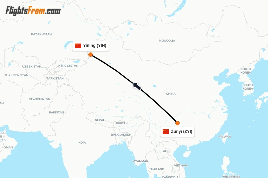 Flights from Zunyi to Yining route map
