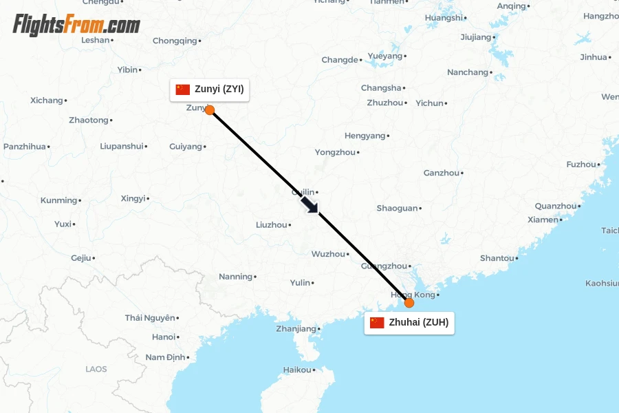 Flights from Zunyi to Zhuhai route map