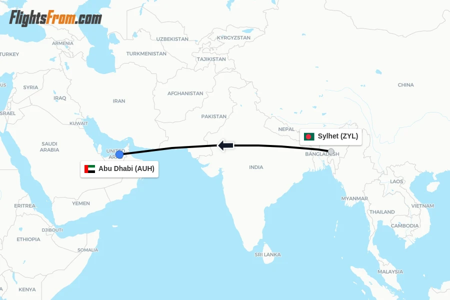 Flights from Sylhet to Abu Dhabi route map