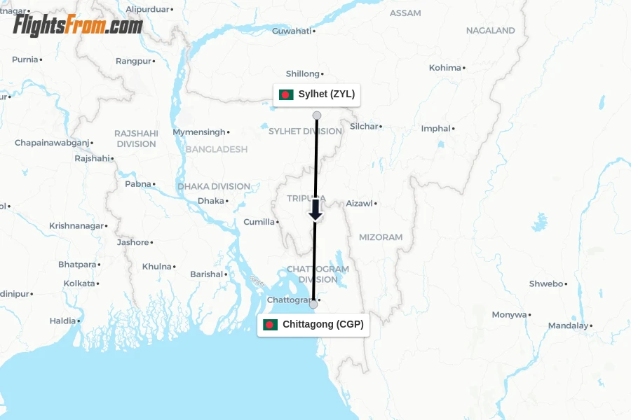 Flights from Sylhet to Chittagong route map
