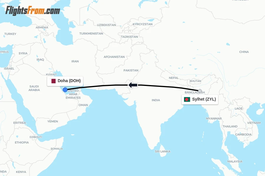 Flights from Sylhet to Doha route map