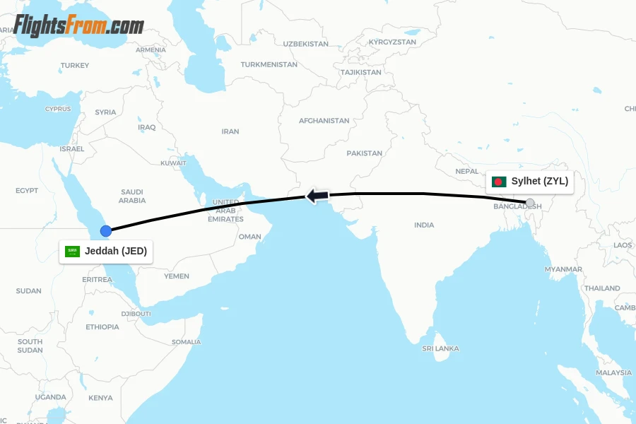 Flights from Sylhet to Jeddah route map