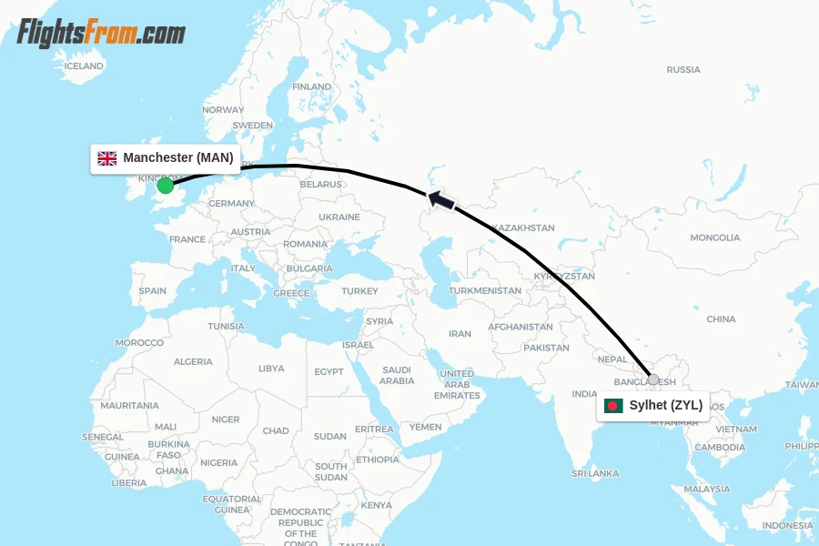 Flights from Sylhet to Manchester route map