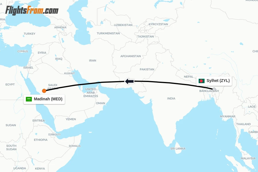 Flights from Sylhet to Madinah route map