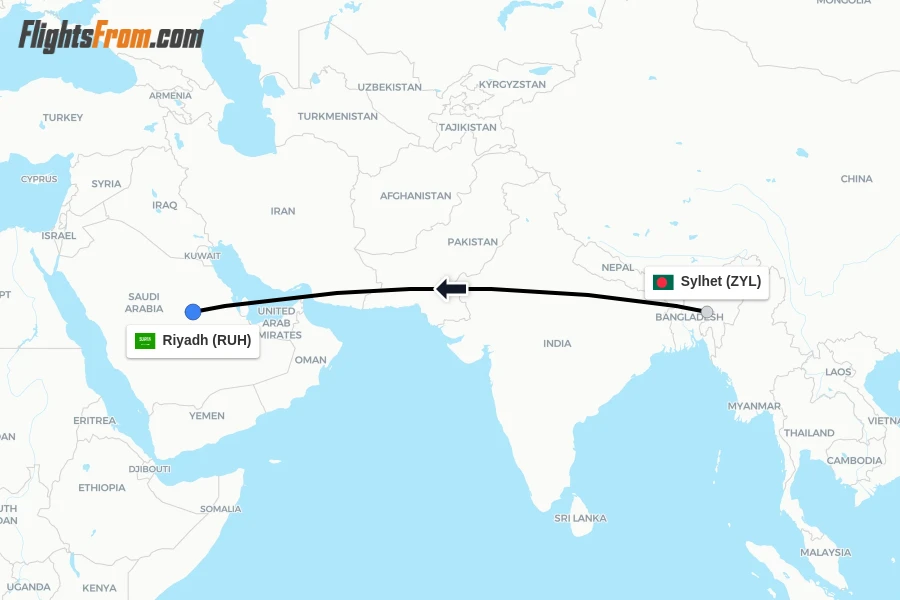Flights from Sylhet to Riyadh route map