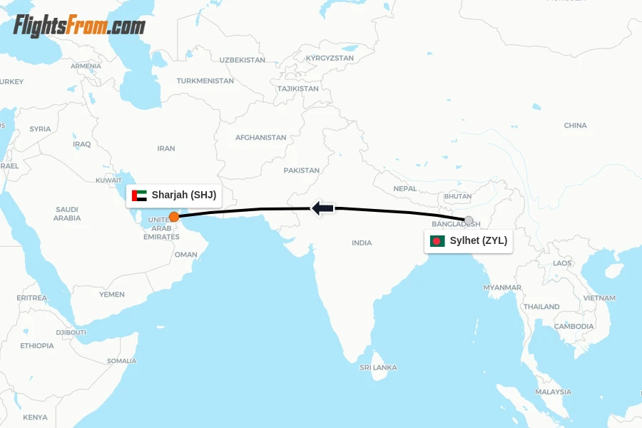 Flights from Sylhet to Sharjah route map