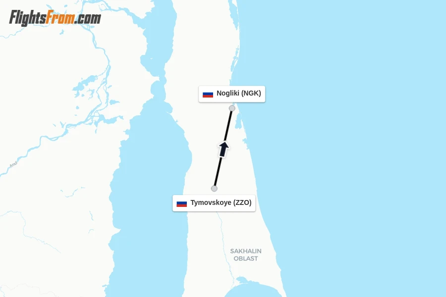 Flights from Tymovskoye to Nogliki route map