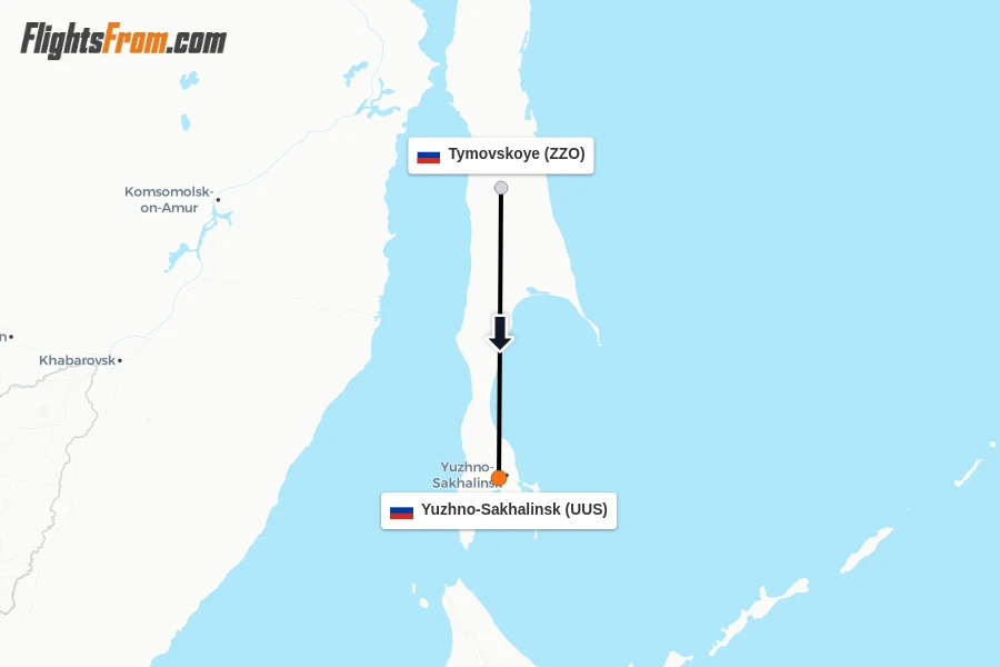 Flights from Tymovskoye to Yuzhno-Sakhalinsk route map